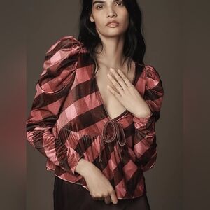 Anthropologie Maeve Velvet Babydoll Top  Pink Puff Sleeve Extra Large